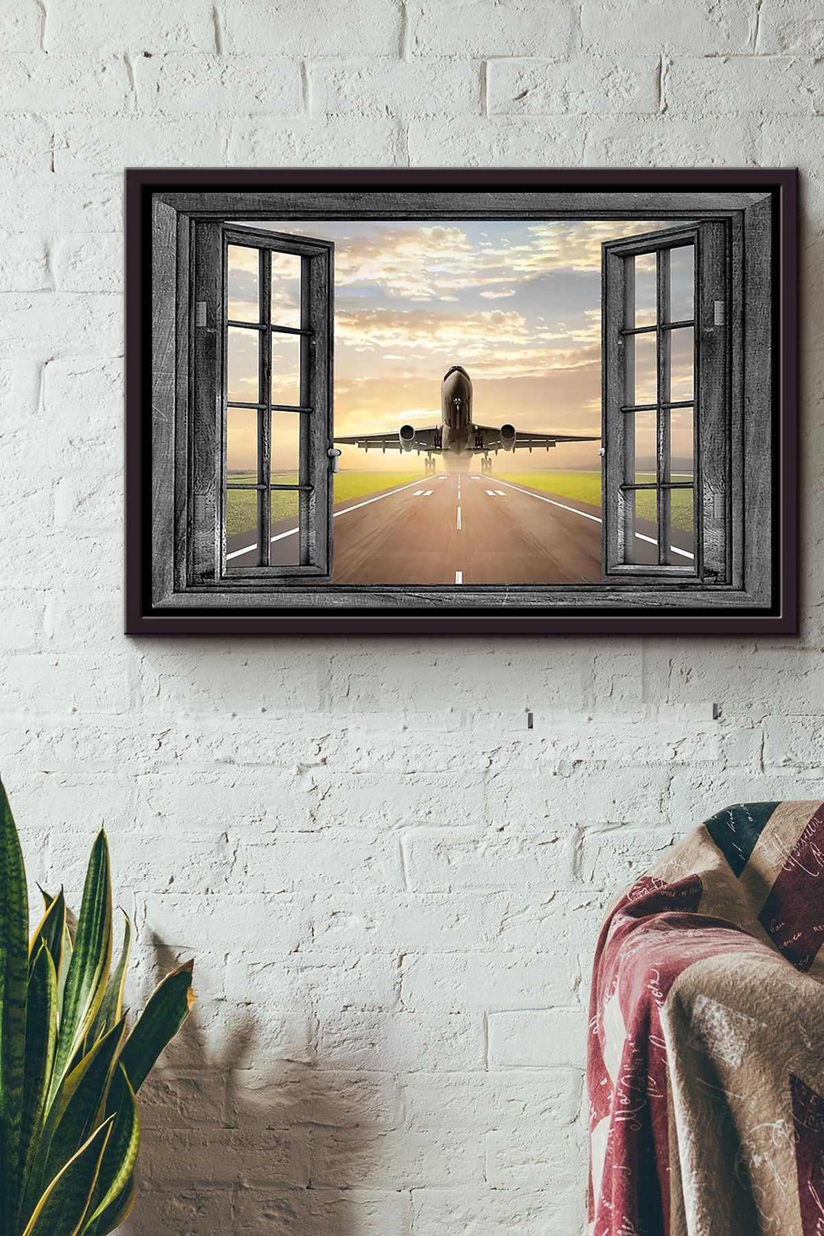 Airplane Runway Flying Window View Poster n Framed Matte Canvas