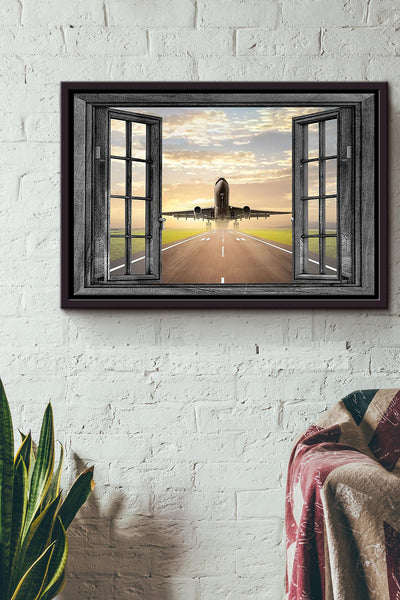 Airplane Runway Flying Window View Poster n Framed Matte Canvas