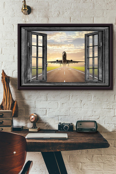 Airplane Runway Flying Window View Poster n Framed Matte Canvas