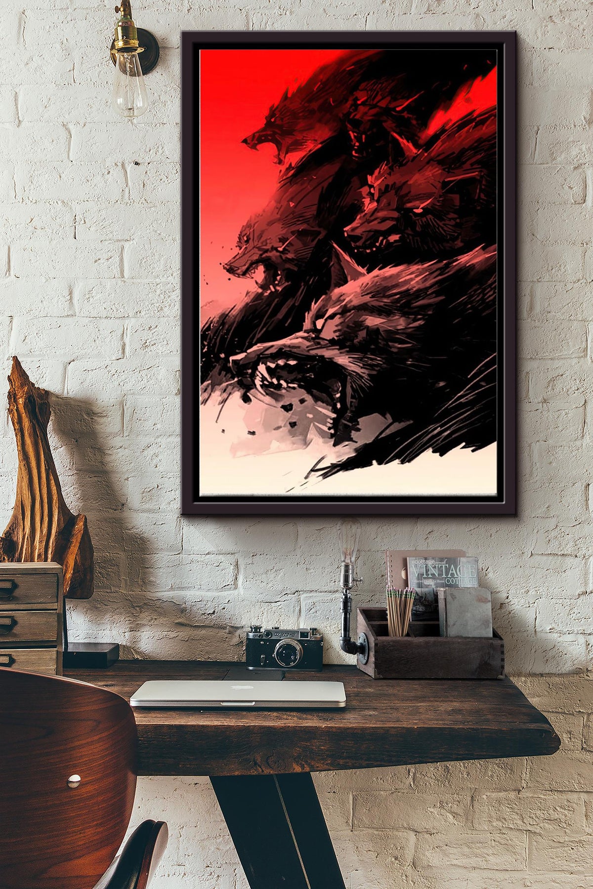 Brush Wolf Poster Wall Art - Gift For Home Decor, Wolf Lover Framed Matte Canvas Framed Prints, Canvas