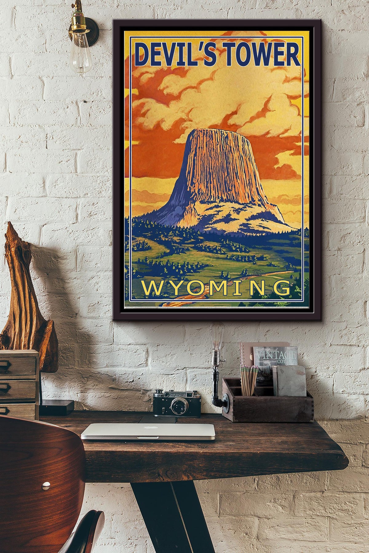 Devils Tower Wyoming Poster - Traveling Wall Art - Gift For Tourist Souvenir Traveling Lover Framed Matte Canvas Framed Prints, Canvas