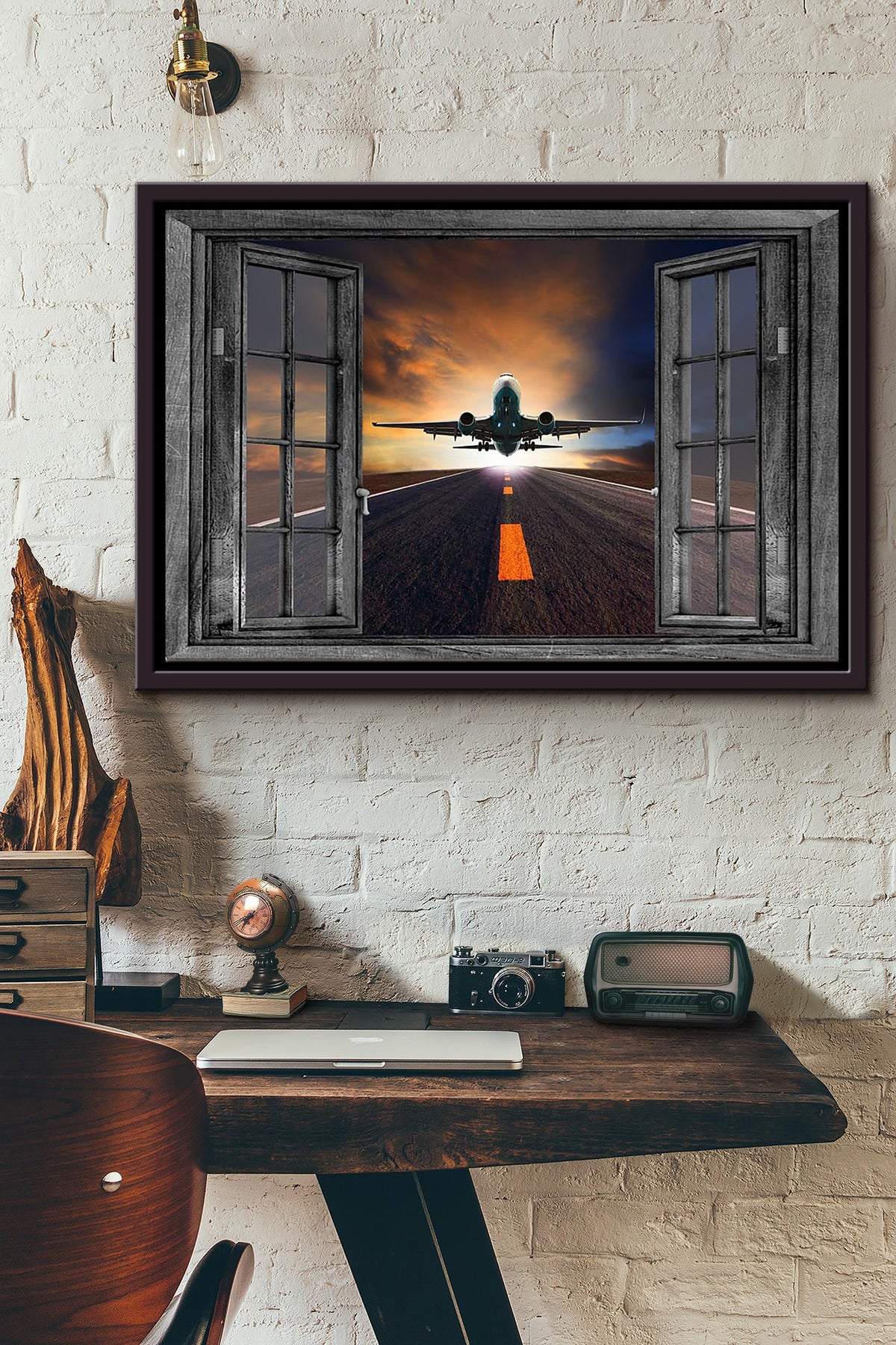 Airplane Flying Window View Poster n Framed Matte Canvas