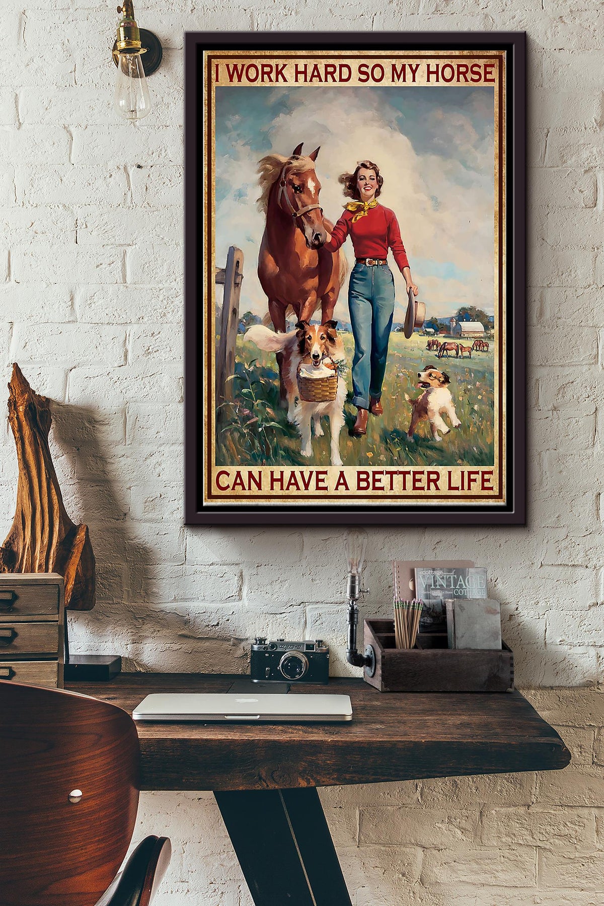 Cowgirl I Work Hard So My Horse Poster - Animal Wall Art - Gift For Horse Lover Horse Rider Cowboy Farmhouse Decor Framed Matte Canvas Framed Prints, Canvas