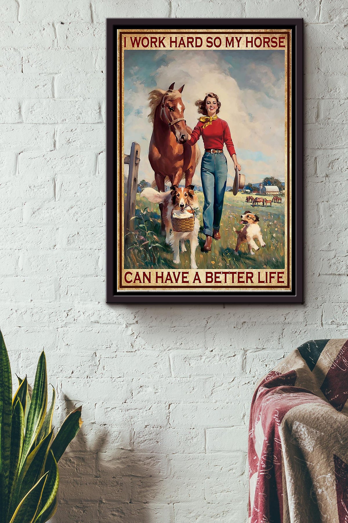 Cowgirl I Work Hard So My Horse Poster - Animal Wall Art - Gift For Horse Lover Horse Rider Cowboy Farmhouse Decor Framed Matte Canvas Framed Prints, Canvas
