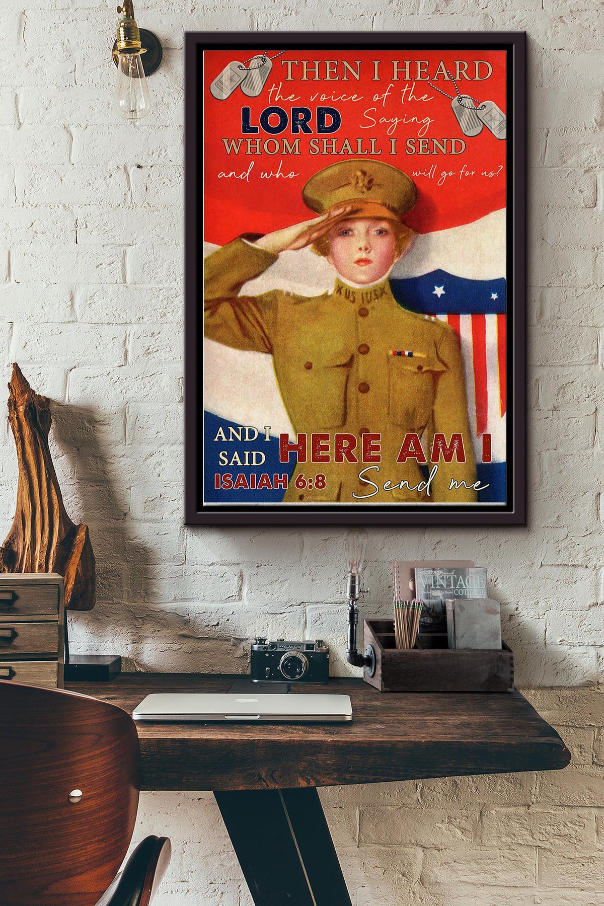 American Female Soldier Lord Send Me Here Poster Framed Matte Canvas