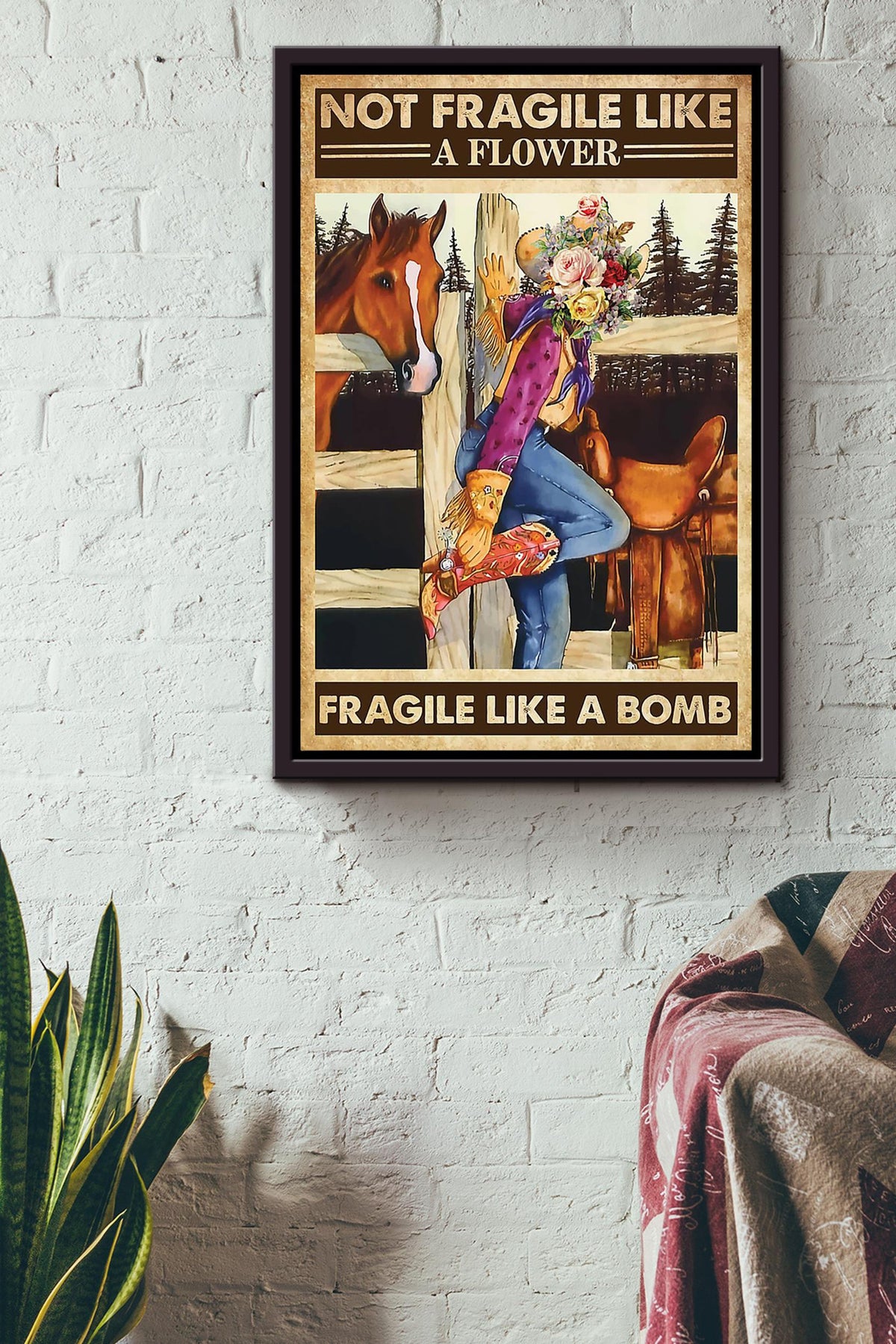 Fragile Like A Bomb Poster Horse Riding Wall Art Cowgirl Cowboy Gift Framed Canvas Framed Prints, Canvas