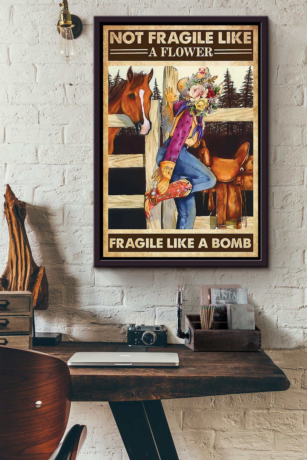 Fragile Like A Bomb Poster Horse Riding Wall Art Cowgirl Cowboy Gift Framed Canvas Framed Prints, Canvas