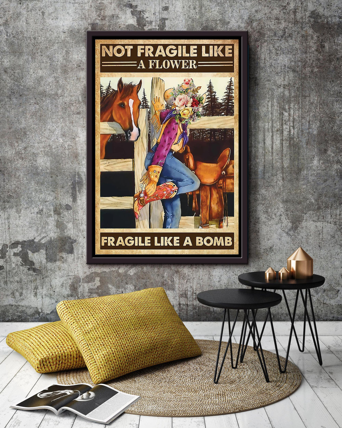 Fragile Like A Bomb Poster Horse Riding Wall Art Cowgirl Cowboy Gift Framed Canvas Framed Prints, Canvas