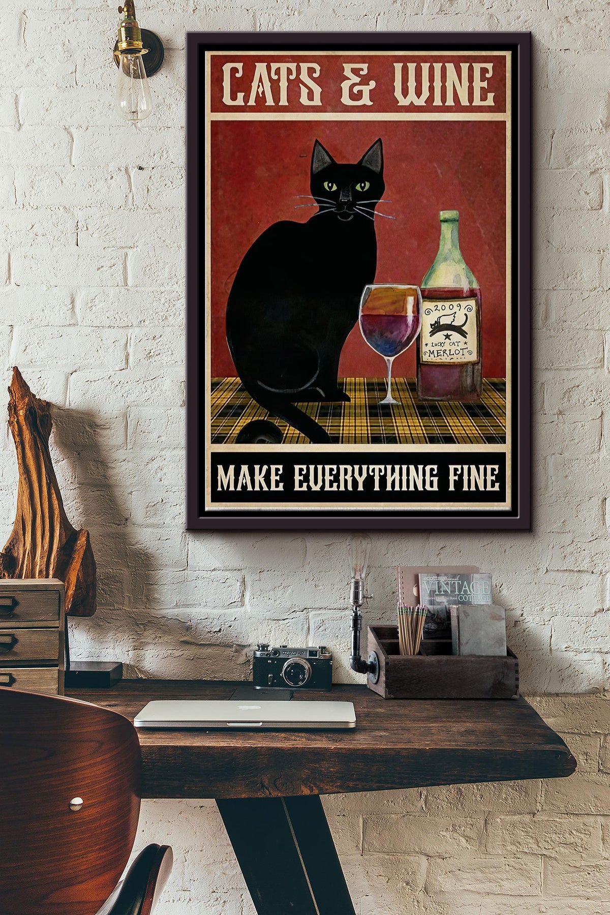 Cats And Wine Poster - Animal Wall Art - Gift For Cat Lover, Alcohol Addict, Wine Fan, Pub Decor Framed Matte Canvas Framed Prints, Canvas