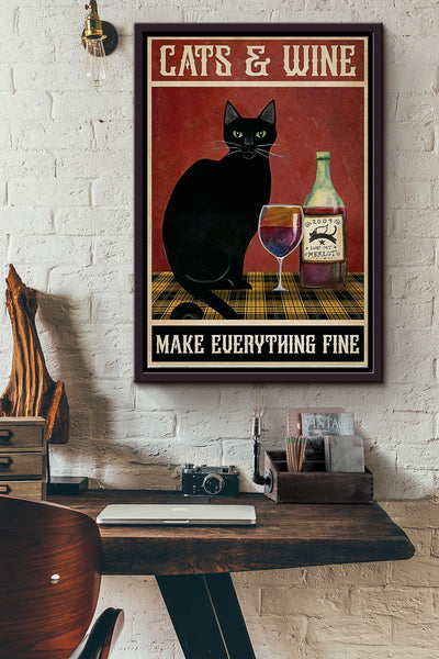 Cats And Wine Poster - Animal Wall Art - Gift For Cat Lover, Alcohol Addict, Wine Fan, Pub Decor Framed Matte Canvas Framed Prints, Canvas