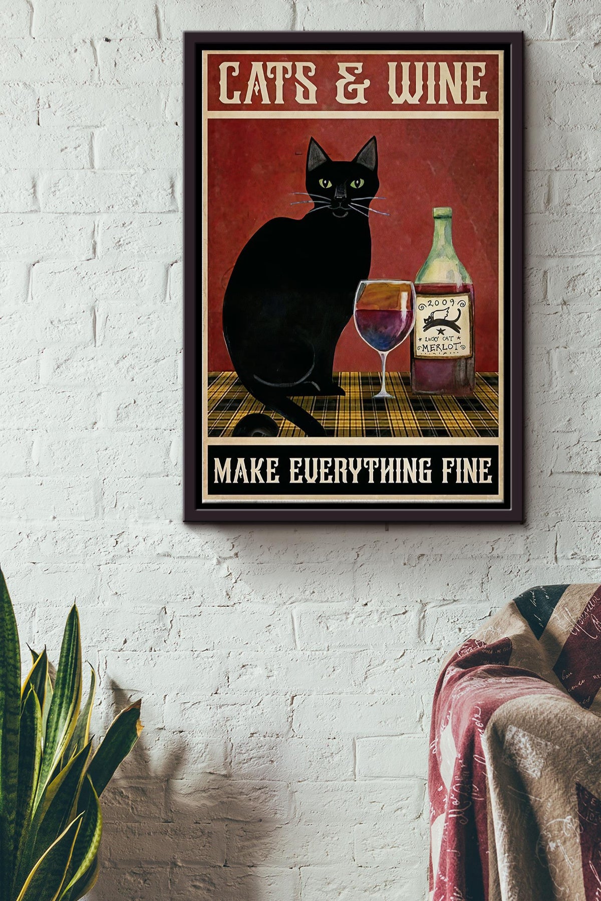 Cats And Wine Poster - Animal Wall Art - Gift For Cat Lover, Alcohol Addict, Wine Fan, Pub Decor Framed Matte Canvas Framed Prints, Canvas