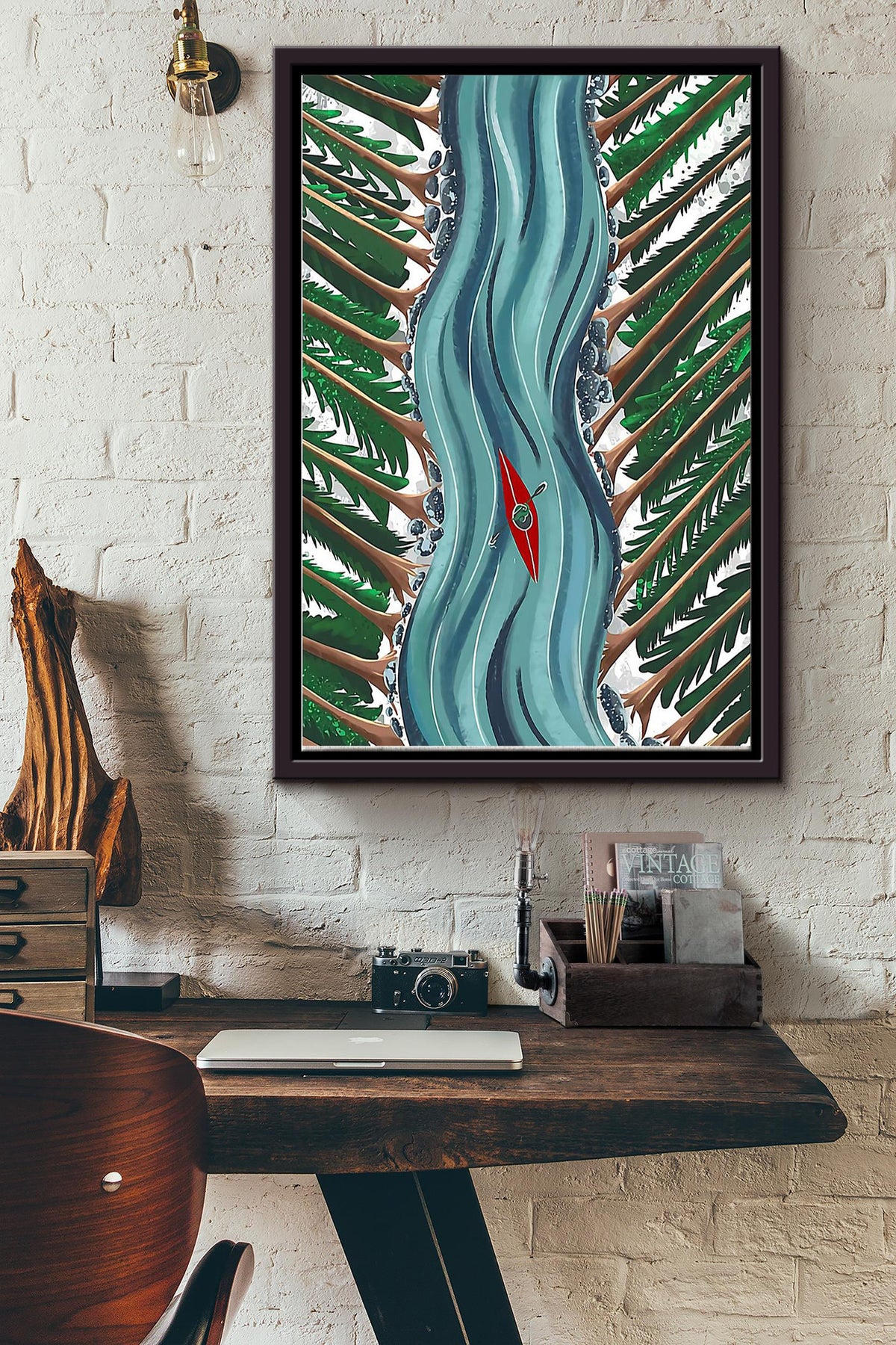Kayaking In Waterfall Color Drawing Poster - Sport Wall Art Canvas - Gift For Girl Boy Male Female Sport Lover Kayaking Lover Water Sport Lover Athletes Dangerous Sport Lover Framed Matte Canvas Framed Prints, Canvas