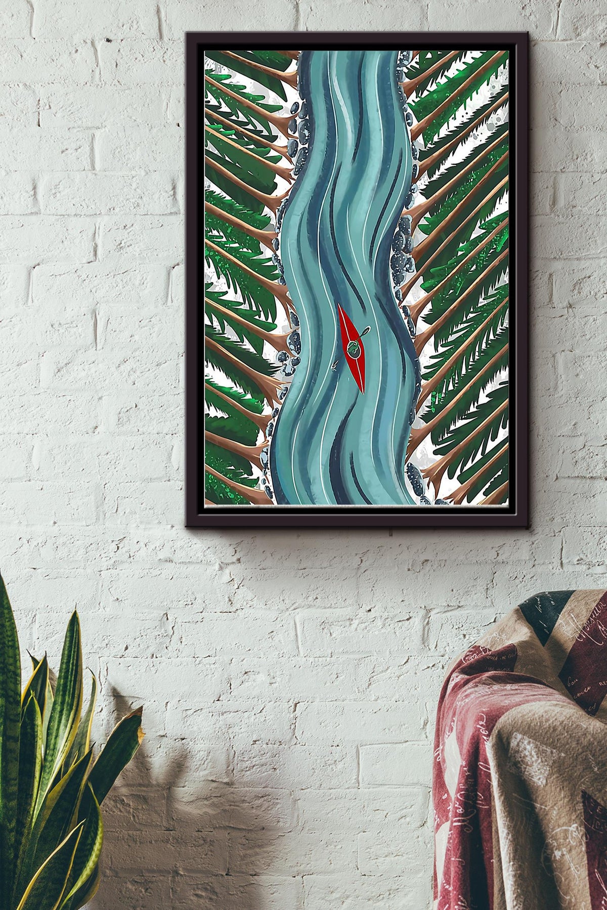 Kayaking In Waterfall Color Drawing Poster - Sport Wall Art Canvas - Gift For Girl Boy Male Female Sport Lover Kayaking Lover Water Sport Lover Athletes Dangerous Sport Lover Framed Matte Canvas Framed Prints, Canvas