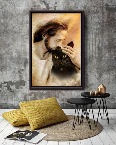 Jesus With Black Cat God Wall Art For Home Decor Gift for Cat  Lovers Christian Framed Matte Canvas Framed Prints, Canvas
