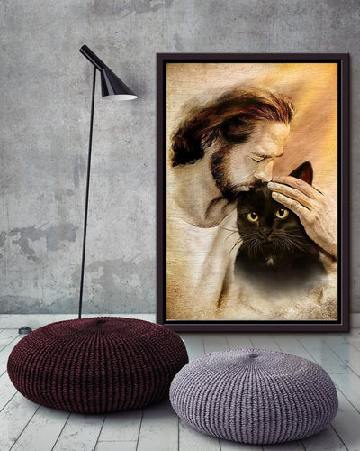 Jesus With Black Cat God Wall Art For Home Decor Gift for Cat  Lovers Christian Framed Matte Canvas Framed Prints, Canvas