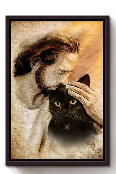 Jesus With Black Cat God Wall Art For Home Decor Gift for Cat  Lovers Christian Framed Matte Canvas Framed Prints, Canvas