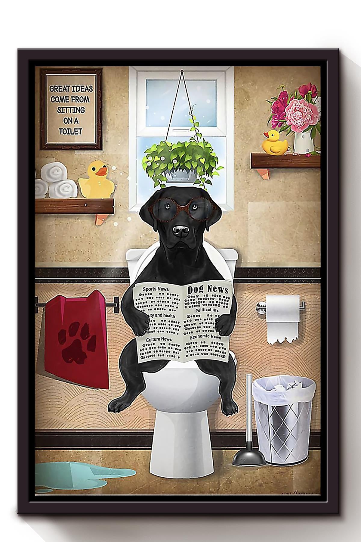 Black Labrador Reading News Dog Wall Art For Toilet Decor Dog Lovers Gift Framed Matte Canvas Framed Prints, Canvas