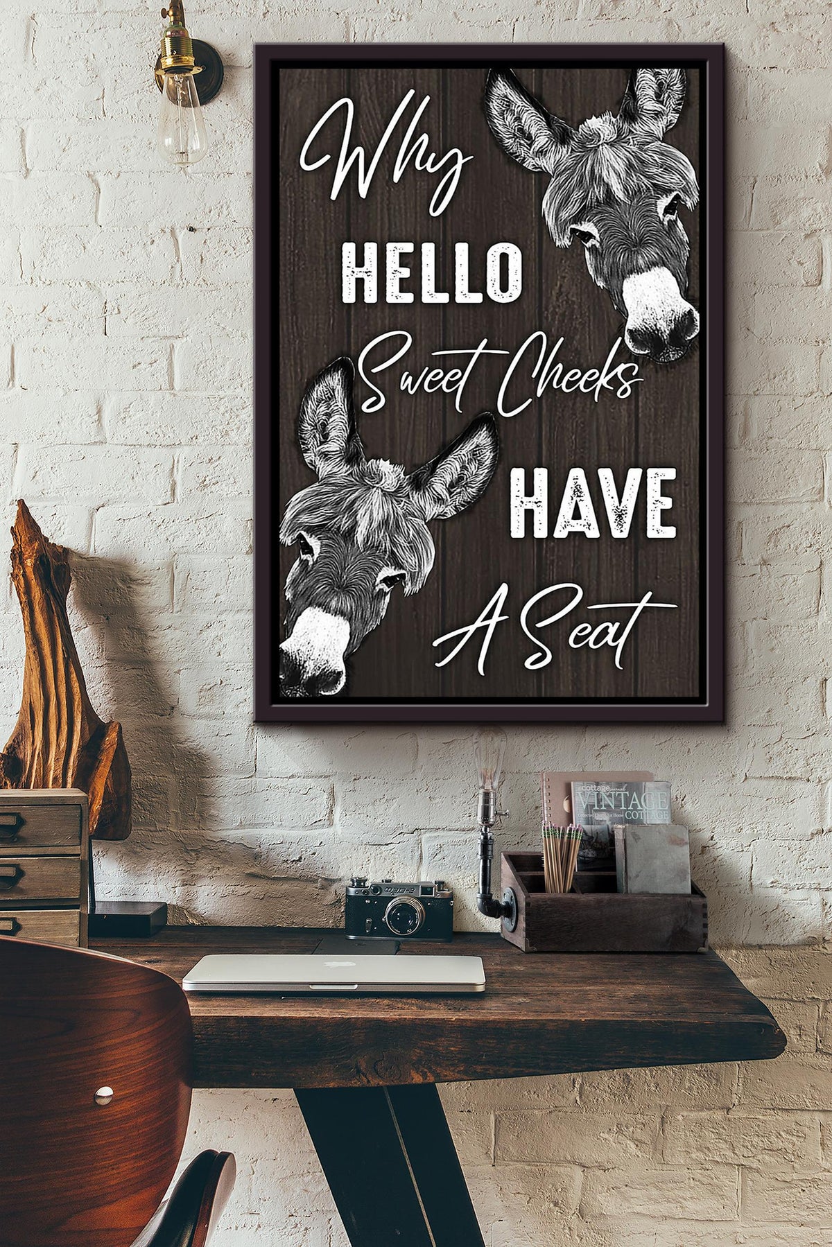 Donkey Why Hello Sweet Cheeks Have A Seat Funny Wall Art For Farmer Home Decor Housewarming Framed Canvas Framed Prints, Canvas