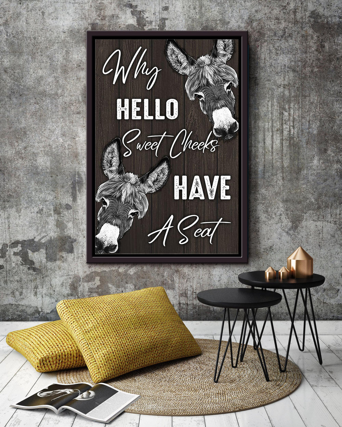 Donkey Why Hello Sweet Cheeks Have A Seat Funny Wall Art For Farmer Home Decor Housewarming Framed Canvas Framed Prints, Canvas