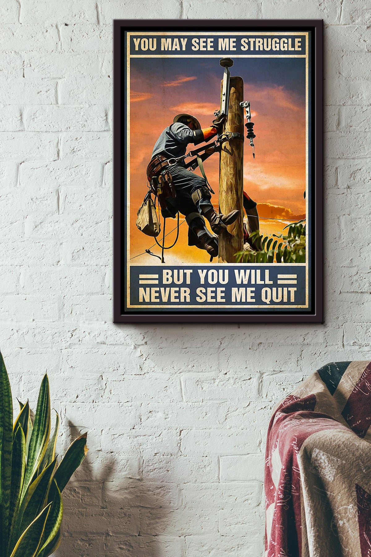 Lineman Moptivation Quote Never Quit Gift For Father Home Decor Framed Canvas
