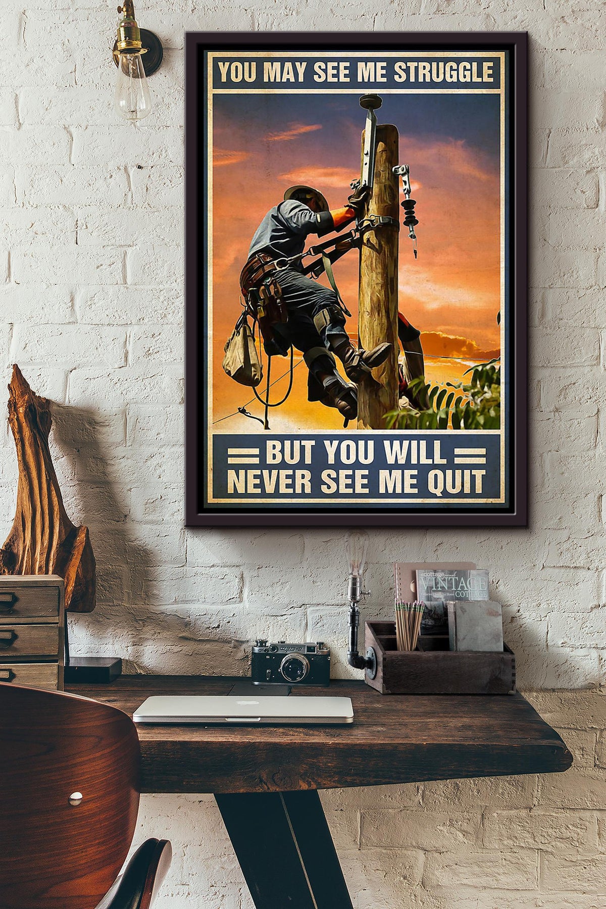 Lineman Moptivation Quote Never Quit Gift For Father Home Decor Framed Canvas