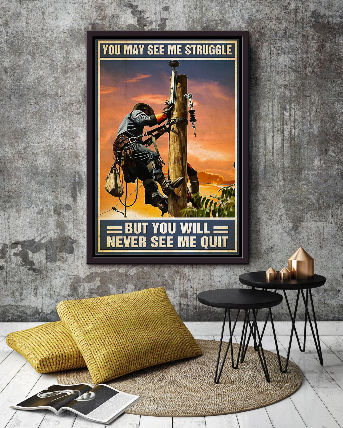 Lineman Moptivation Quote Never Quit Gift For Father Home Decor Framed Canvas