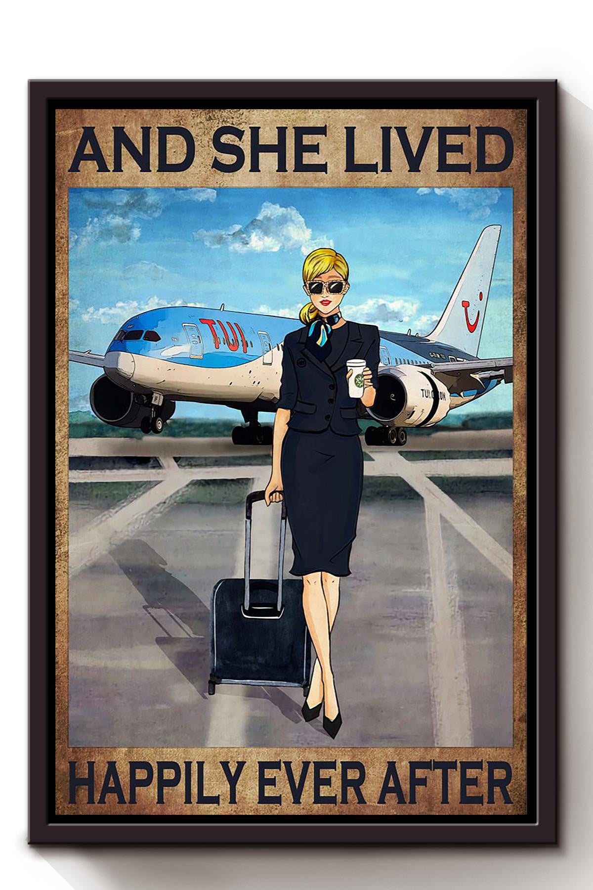 Belgium Female Flight Attendant Lived Happily Ever After Quote Aviation Wall Art Gift For Girl Loves Travelling Framed Canvas Framed Prints, Canvas