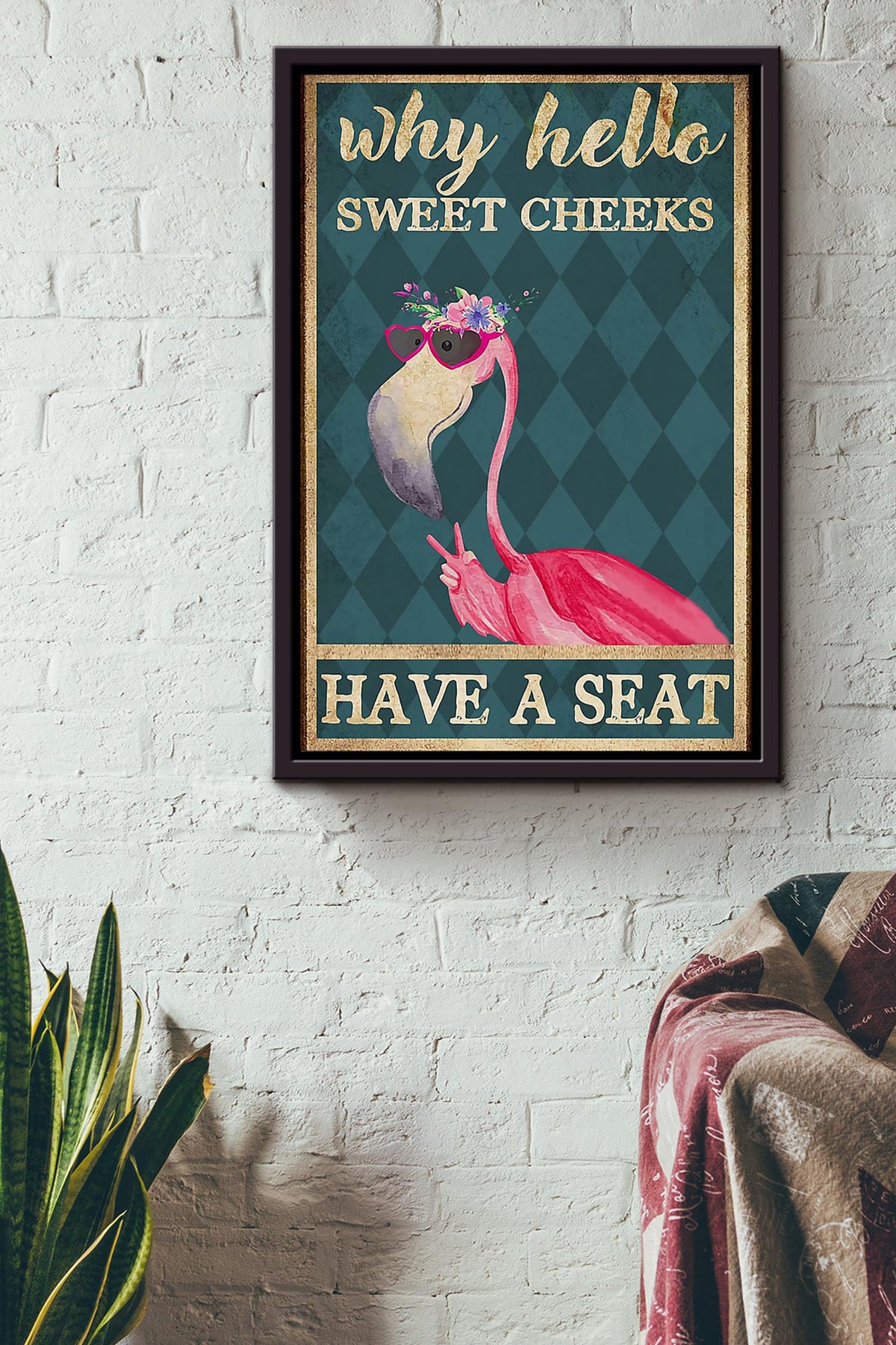 Flamingo Poster Why Hello Sweet Cheeks Have A Seat Poster Flamingo Bathroom Decor Funny Flamingo Wall Art Animal Lovers Print Nursery Decor Framed Canvas Framed Prints, Canvas