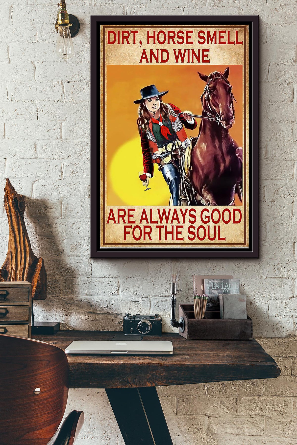 Dirt Horse Smell Wine Cowgirl Poster - Animal Wall Art - Gift For Horse Lover Horse Rider Cowboy Farmhouse Decor Framed Matte Canvas Framed Prints, Canvas
