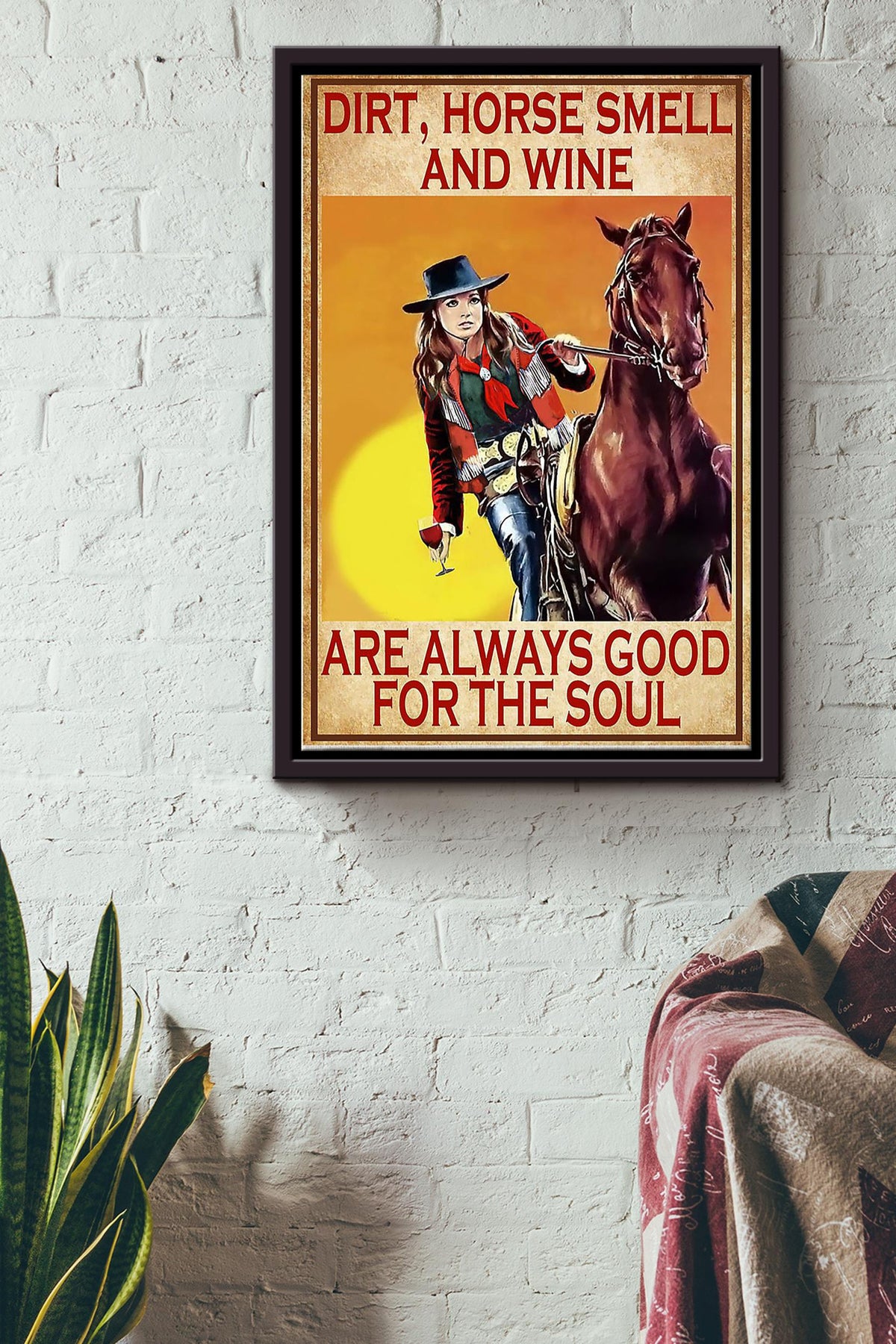 Dirt Horse Smell Wine Cowgirl Poster - Animal Wall Art - Gift For Horse Lover Horse Rider Cowboy Farmhouse Decor Framed Matte Canvas Framed Prints, Canvas