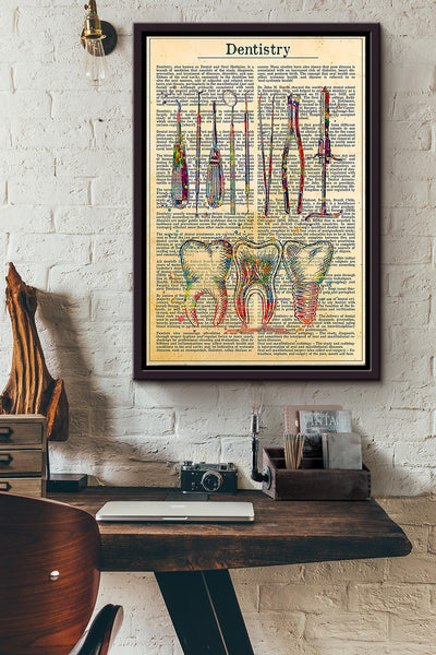 Dentistry Dentist Tool And Tooth Vintage Poster Framed Matte Canvas