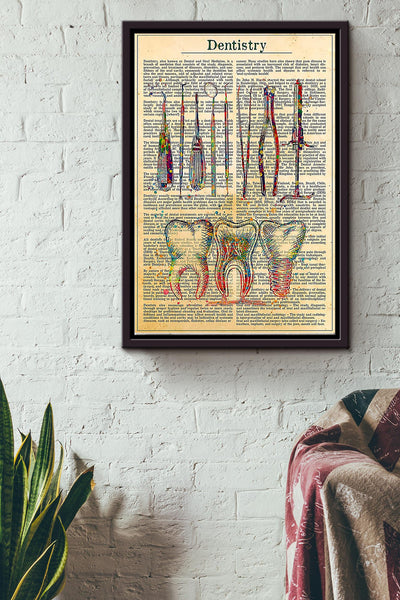 Dentistry Dentist Tool And Tooth Vintage Poster Framed Matte Canvas