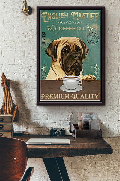 English Mastiff Coffee Co. Premium Quality Poster - Decor Wall Art - Gift For Dog Lover Dog Mom Animal Lover Coffee Shop Cafe Framed Matte Canvas Framed Prints, Canvas