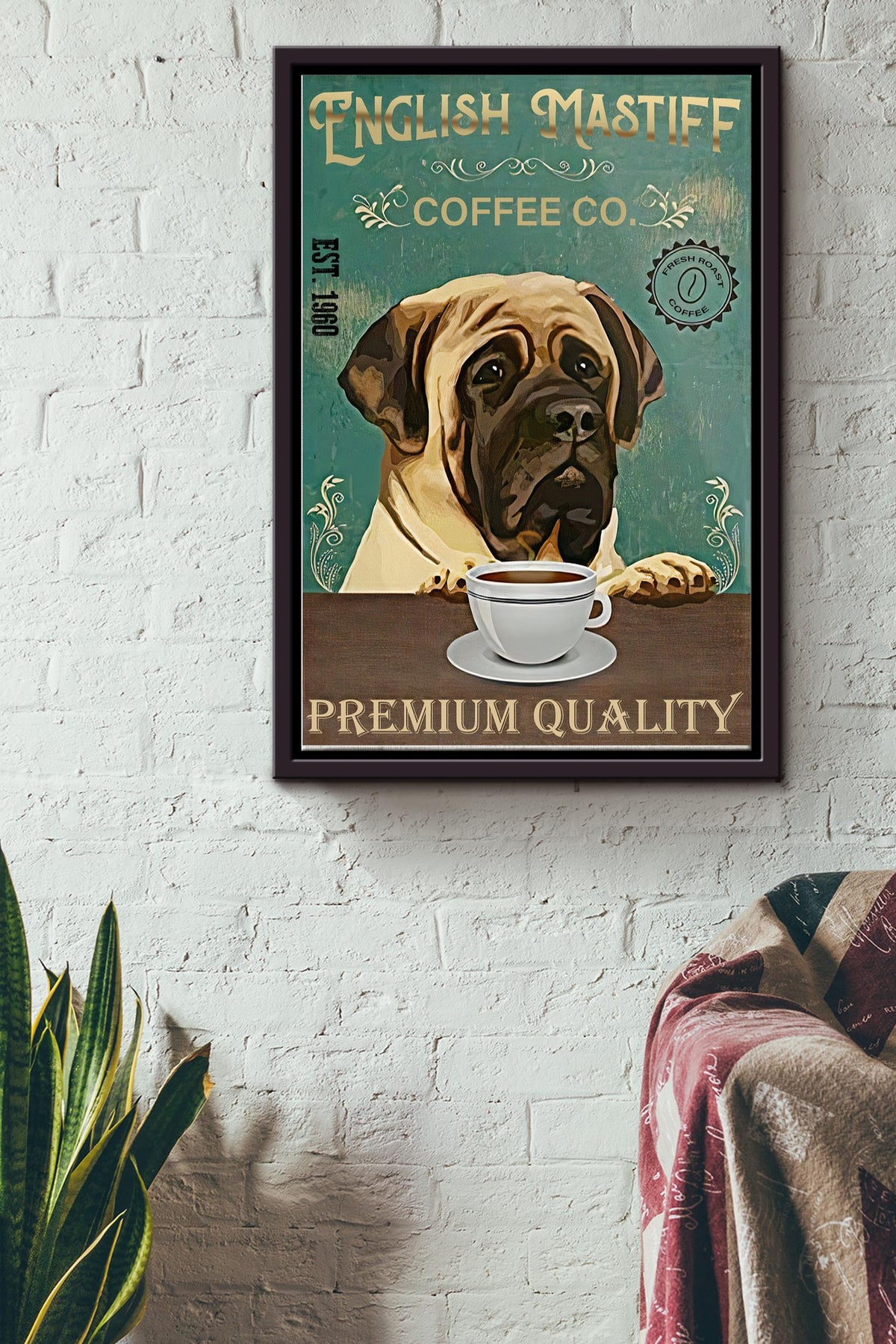English Mastiff Coffee Co. Premium Quality Poster - Decor Wall Art - Gift For Dog Lover Dog Mom Animal Lover Coffee Shop Cafe Framed Matte Canvas Framed Prints, Canvas