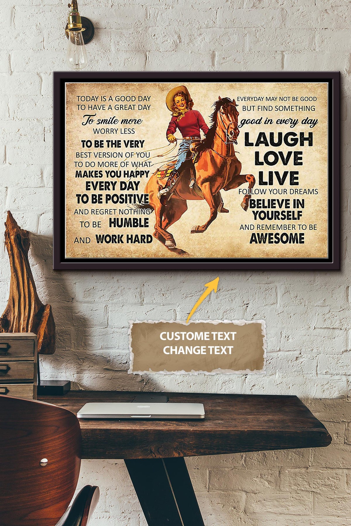 Laugh Love Live Cowgirl Poster - Animal Wall Art - Gift For Horse Lover Horse Rider Cowboy Farmhouse Decor Framed Matte Canvas Framed Prints, Canvas