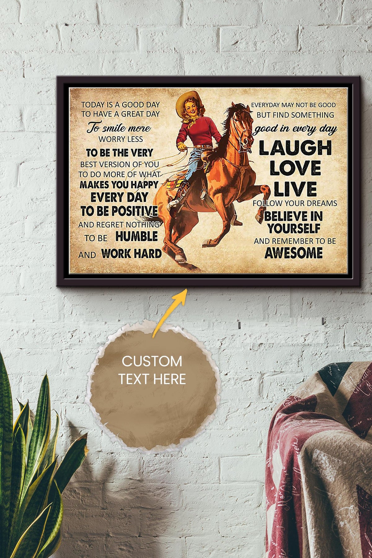 Laugh Love Live Cowgirl Poster - Animal Wall Art - Gift For Horse Lover Horse Rider Cowboy Farmhouse Decor Framed Matte Canvas Framed Prints, Canvas