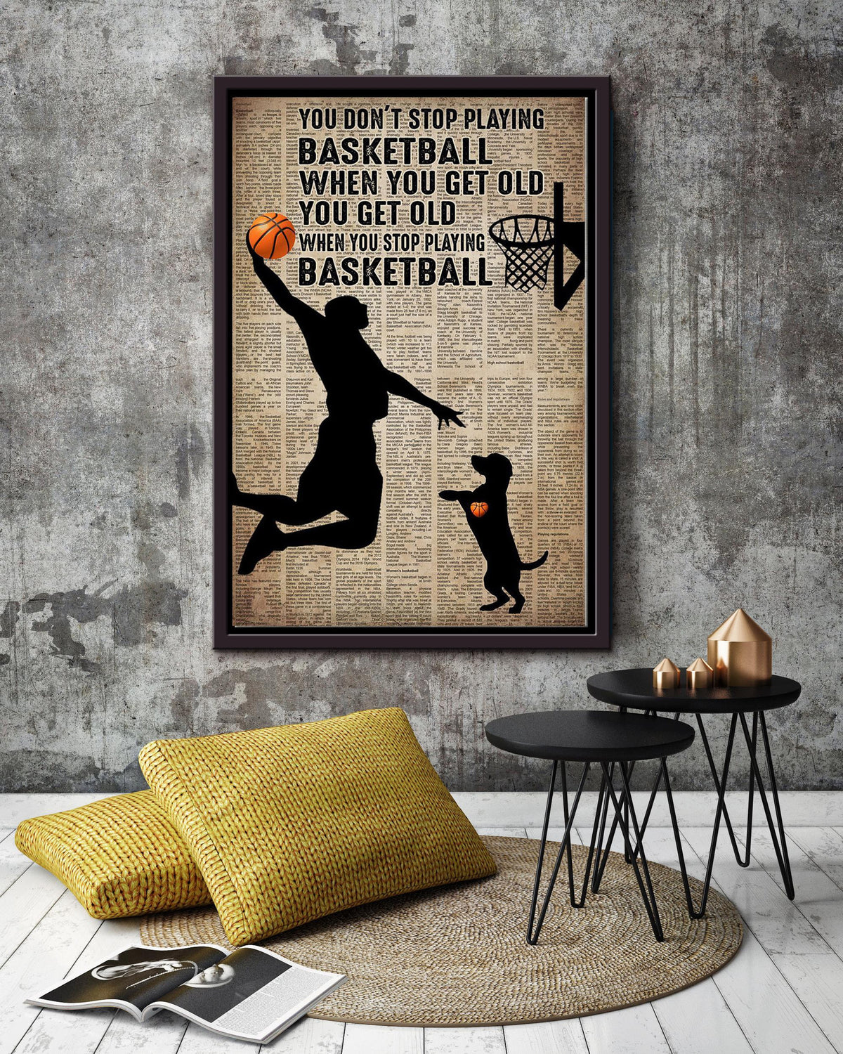 Man With Dog You Get Old When You Stop Playing Basketball Dog Wall Art For Home Decor Dog Lover Vasketball Player Gift Framed Matte Canvas Framed Prints, Canvas