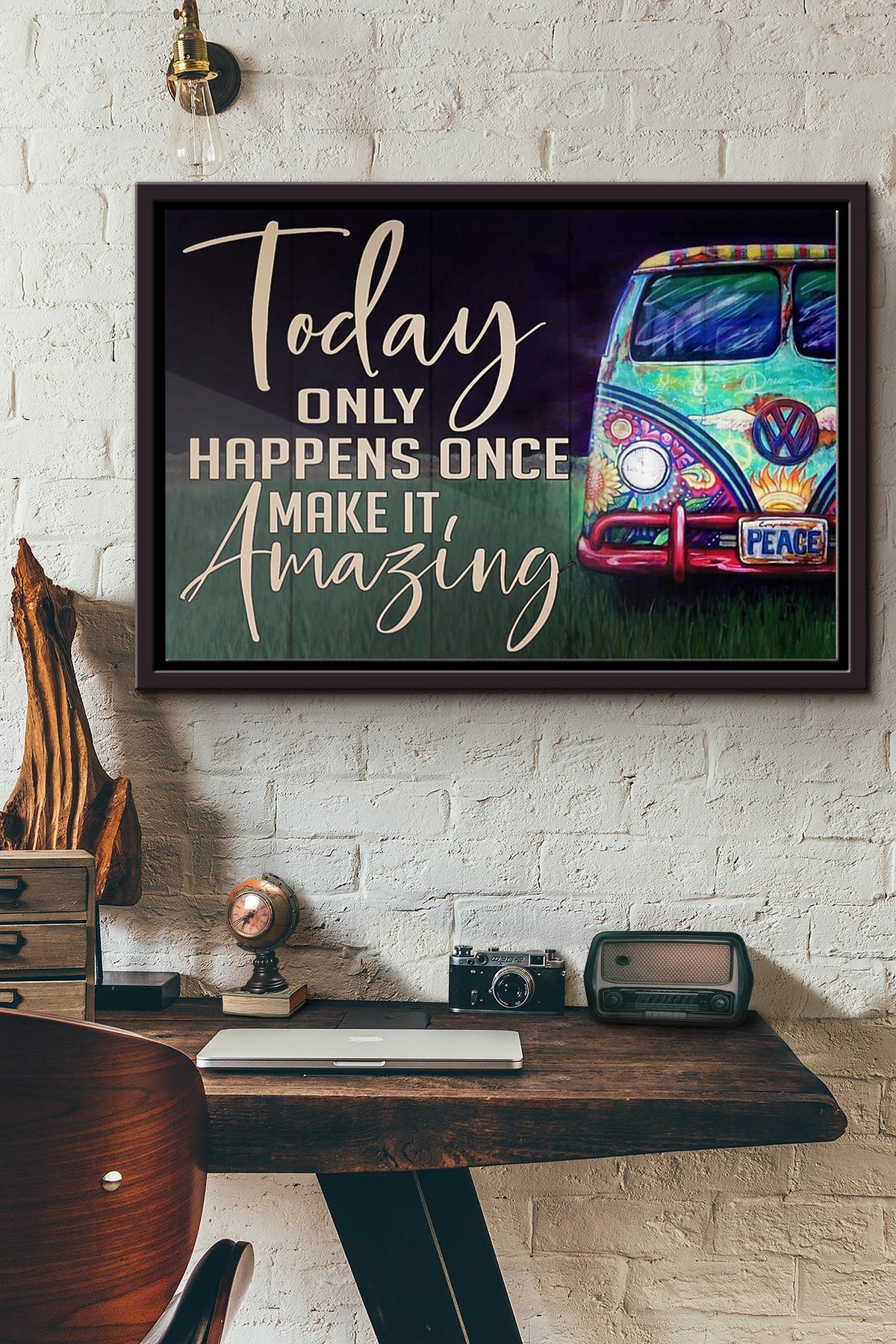 Hippie Camper Van Today Only Happens Once Make It Amazing Horizontal Poster n Framed Matte Canvas