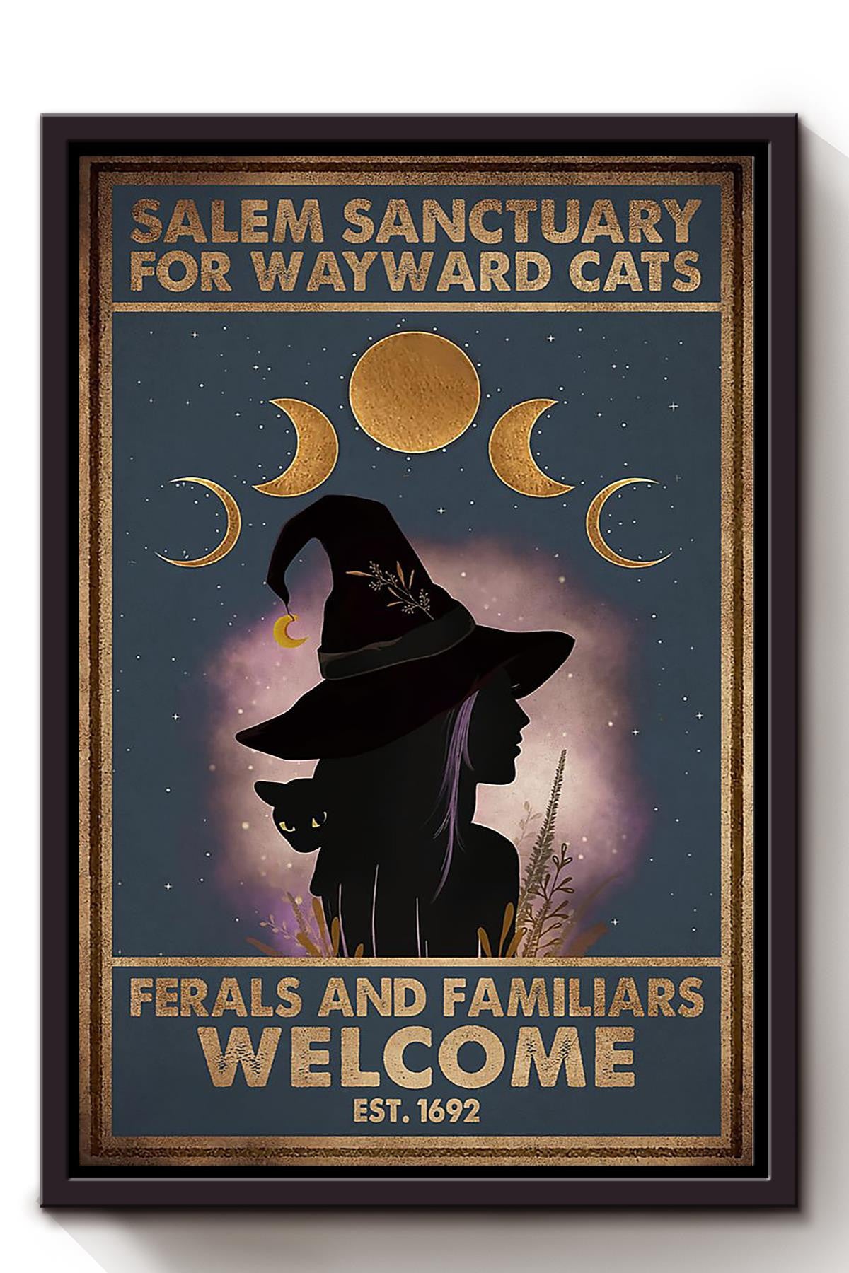 Black Cat Salem Sanctualy For Wayward Cats Animal Wall Art Gift For Cat Lover International Cat Day Halloween Decor Kitten Foster Framed Canvas Framed Prints, Canvas
