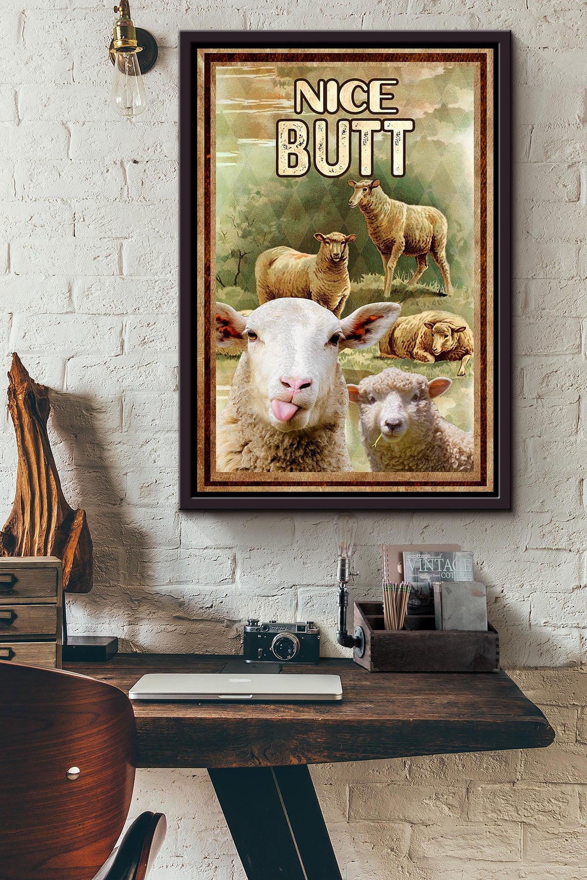 Funny Sheep Nice Bum Vintage Retro Gift For Farmer Framed Canvas