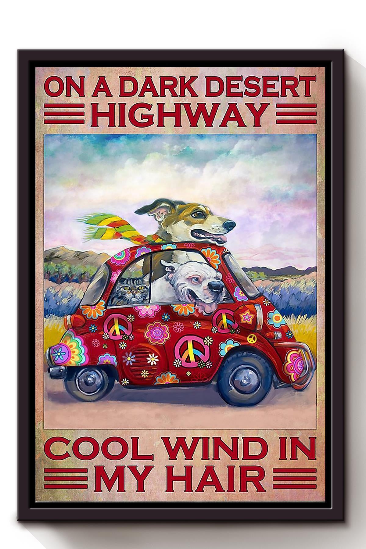 Cute Dof On A Dark Desert Highway Cool Wind In My Hair Dog Wall Art For Home Kids Room Decor Framed Matte Canvas Framed Prints, Canvas