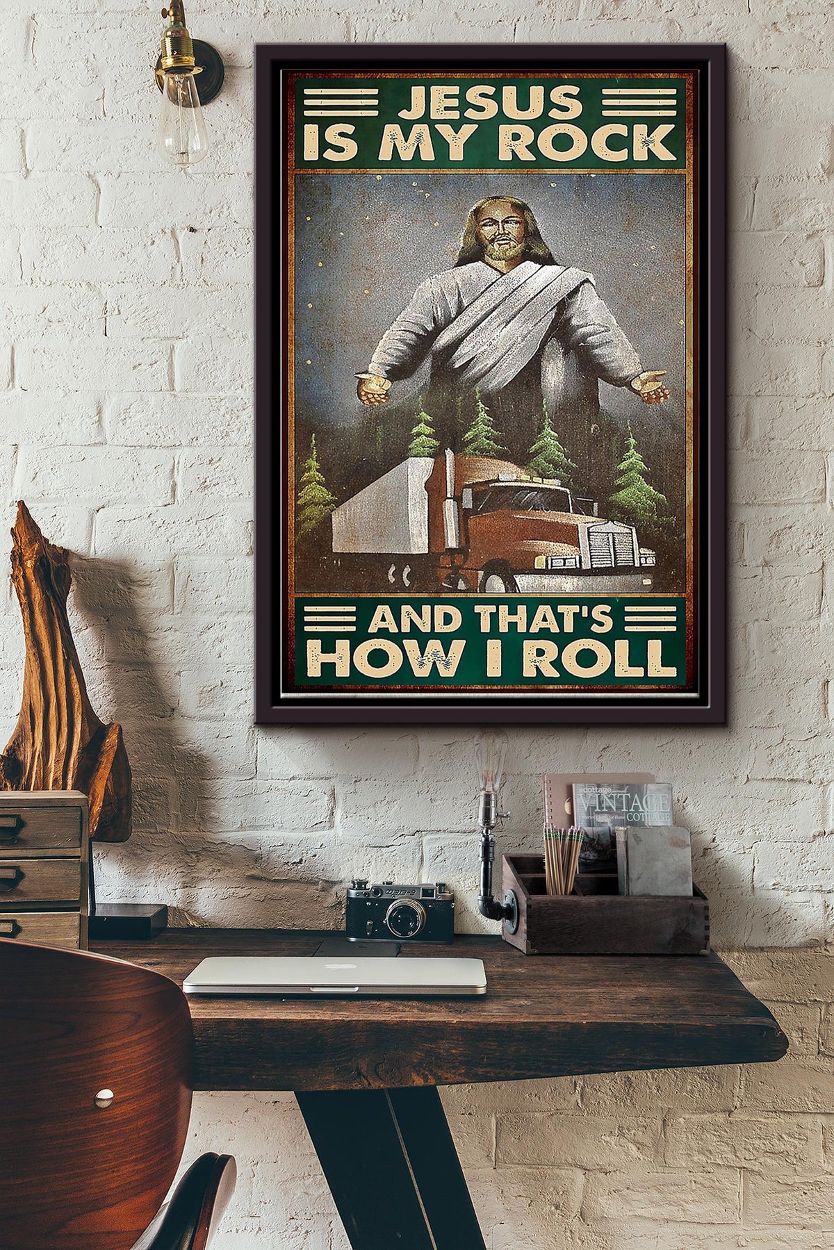 Jesus Is My Rock Thats How I Roll Poster - Trucker Wall Art Canvas - Gift For Father Fathers Day Truck Driver Christians Framed Matte Canvas Framed Prints, Canvas