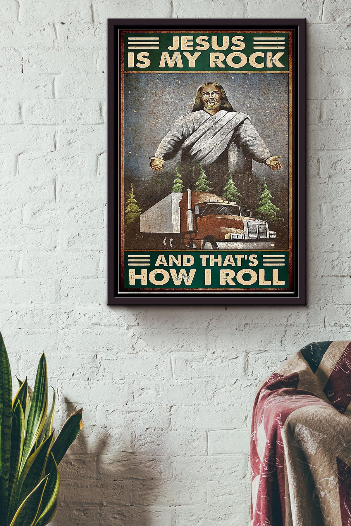 Jesus Is My Rock Thats How I Roll Poster - Trucker Wall Art Canvas - Gift For Father Fathers Day Truck Driver Christians Framed Matte Canvas Framed Prints, Canvas