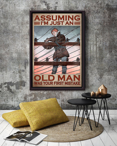 Assuming Old Lineman Funny Quote Gift For Grandfather Electrician Framed Canvas