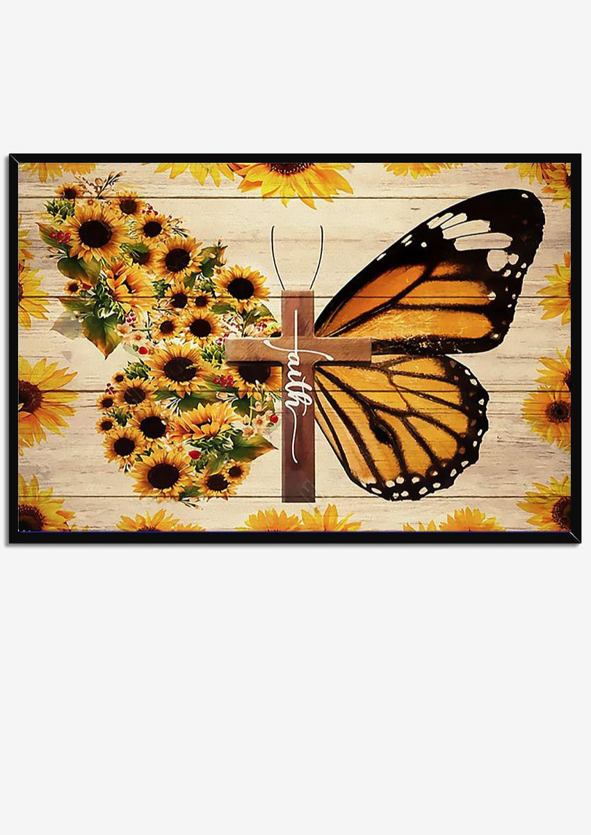 Faithful Sunflower Butterflies Drawing Gift For Memorial Day Christan Home Decor