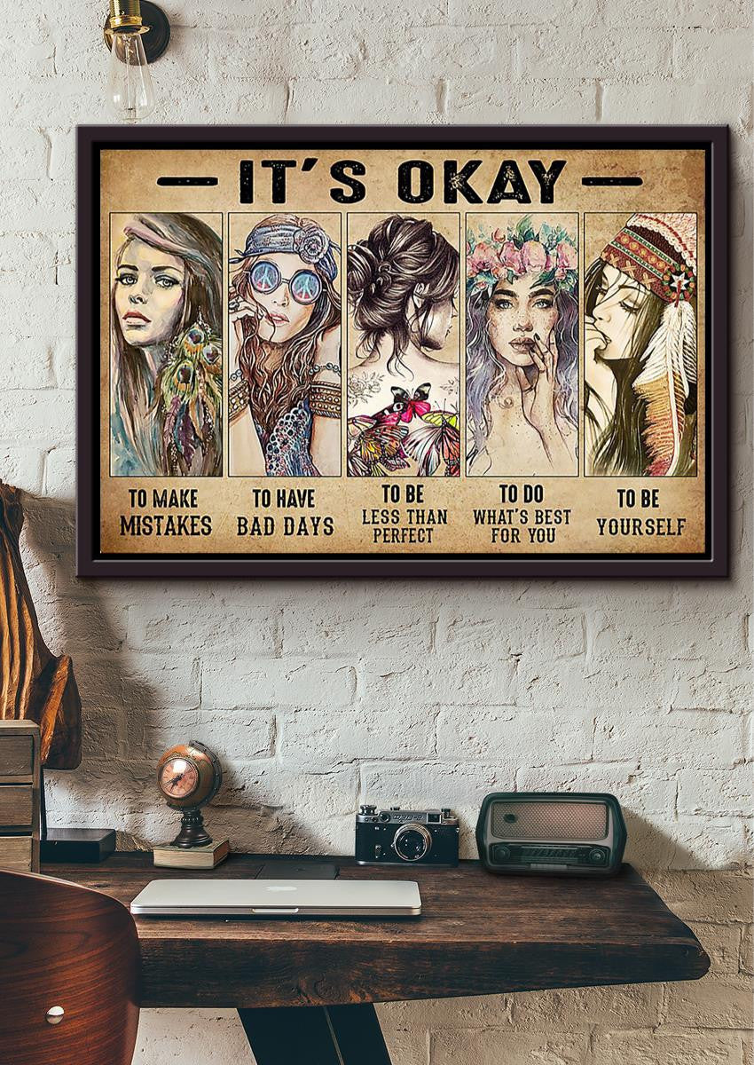Hippie Girl It's Okay To Not Be Okay Motivation Quote Wall Art For Home Decor Housewarming Framed Prints, Canvas