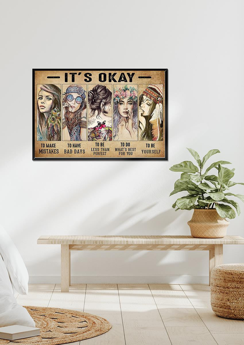 Hippie Girl It's Okay To Not Be Okay Motivation Quote Wall Art For Home Decor Housewarming Framed Prints, Canvas