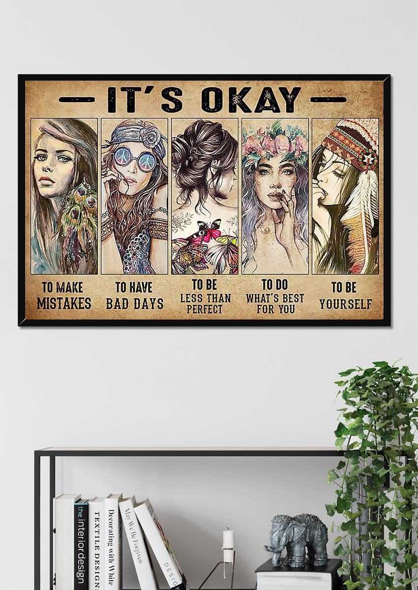 Hippie Girl It's Okay To Not Be Okay Motivation Quote Wall Art For Home Decor Housewarming Framed Prints, Canvas