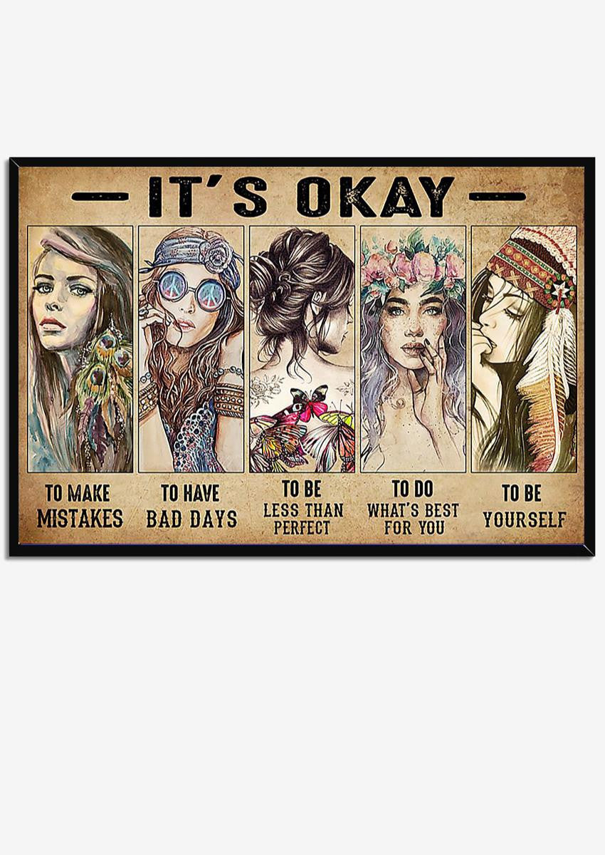 Hippie Girl It's Okay To Not Be Okay Motivation Quote Wall Art For Home Decor Housewarming Framed Prints, Canvas
