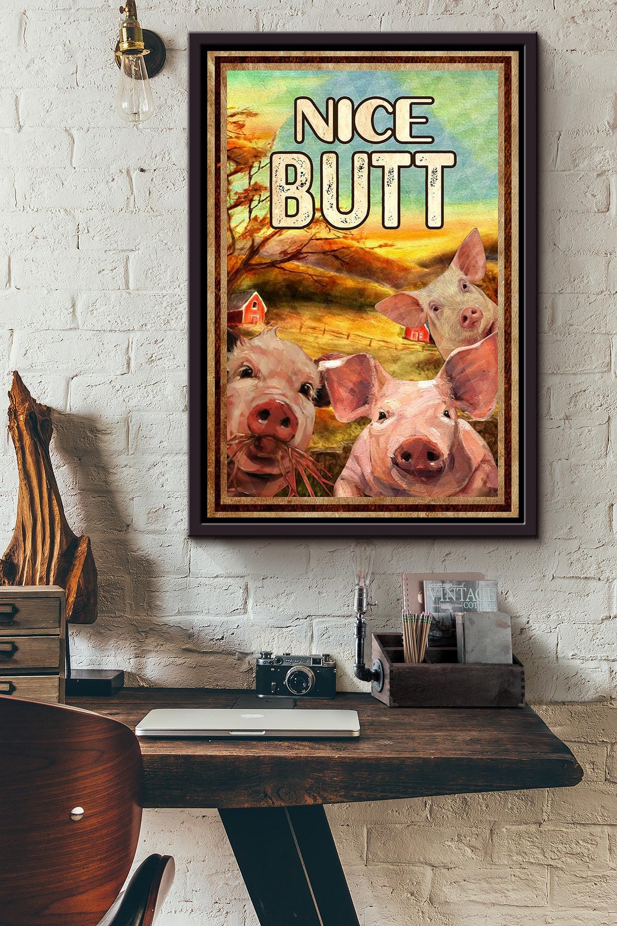 Funny Pigs Nice Bum Vintage Retro Gift For Farmer Framed Canvas